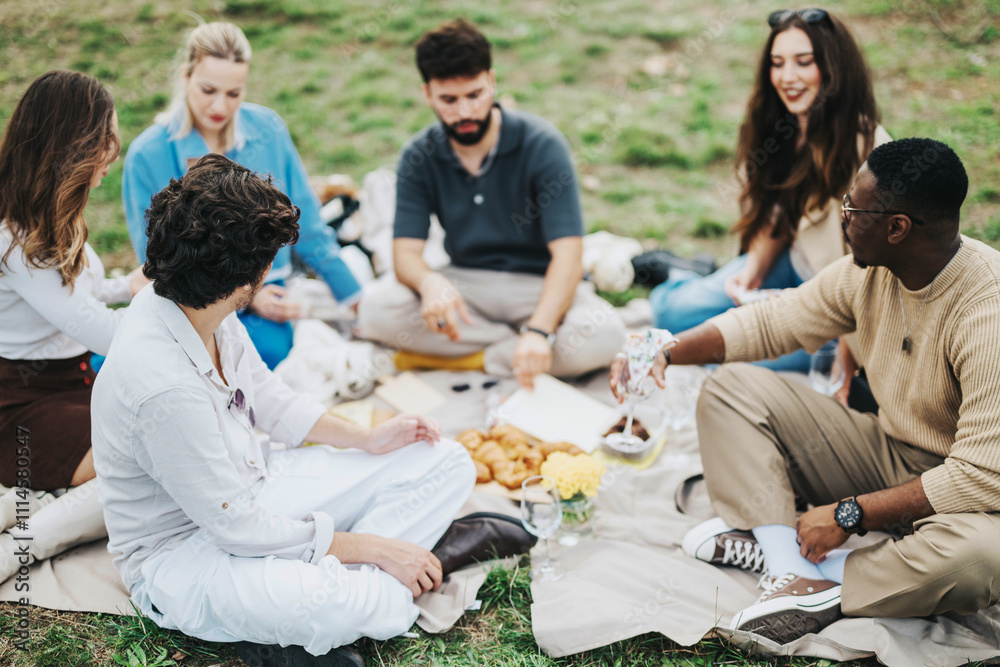 Poster A diverse group of friends enjoying a picnic outdoors amidst nature. The cozy gathering features laughter, snacks, and beverages on a cloudy day.