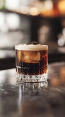 A photo of a Carajillo cocktail with coffee beans on top of foam on a modern stone bar table and background in a high class city lounge. Vertical layout.