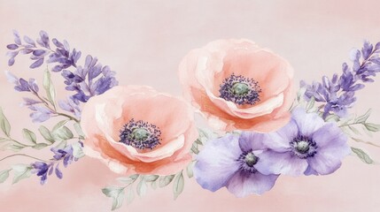 Fototapeta premium Delicate Watercolor Poppies and Lavender Floral Arrangement
