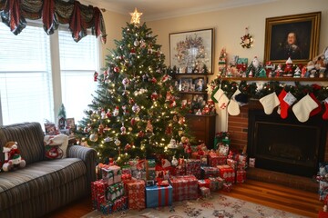 Obraz premium Festive Christmas Living Room Decorated With Tree And Presents