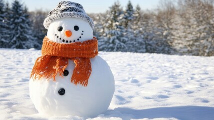 Fototapeta premium Cheerful snowman in snowy landscape.