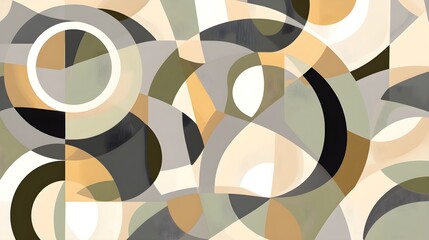 A background featuring overlapping geometric shapes in muted tones of beige, gray, and olive green.