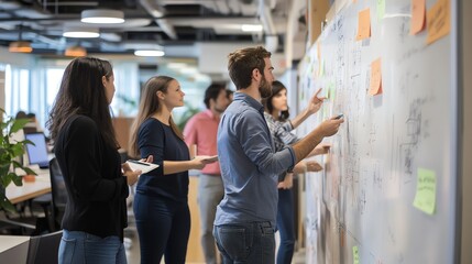 A group of colleagues brainstorm ideas on a whiteboard in a modern office.
