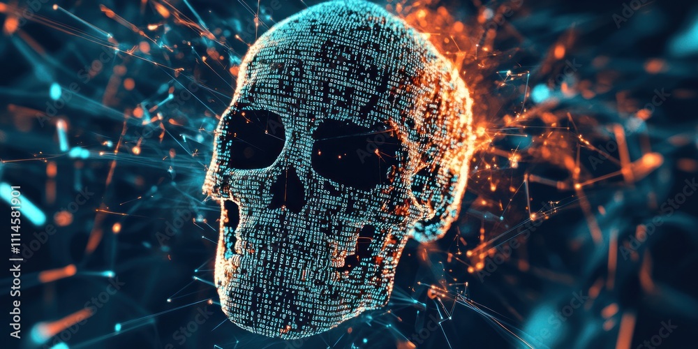 Aufkleber digital skull composed of code and network lines