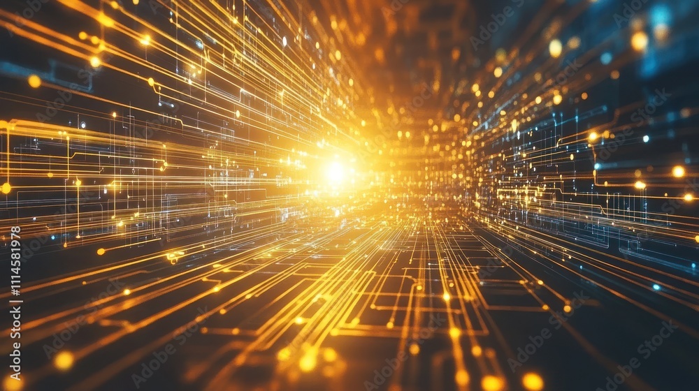 Poster glowing circuitry lines converge in a digital tunnel