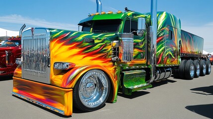 A vibrant, custom-painted semi-truck with flames and swirls of color. The truck is parked on a paved lot, with a clear blue sky in the background.
