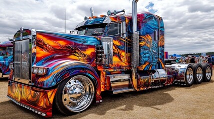A colorful semi-truck with chrome accents is parked on a dirt lot. The truck is decorated with a swirling pattern of blue, orange, and red paint.