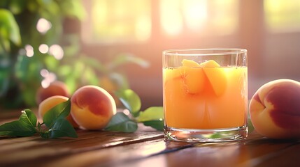 Fototapeta premium A refreshing glass of peach juice beside fresh peaches on a wooden table with natural lighting.