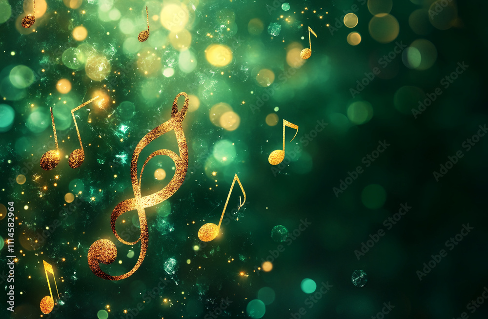Poster vibrant musical notes and symbols sparkle against a green background creating an enchanting atmosphe