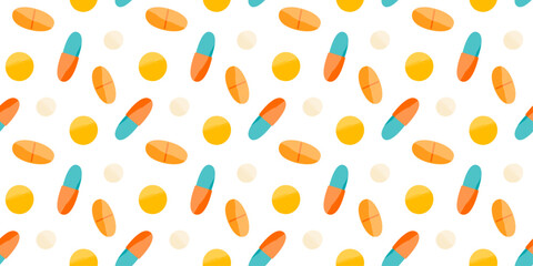 Seamless pattern with pills and capsules on white background. Medicine or dietary supplements. Healthy lifestyle. Design for clinics, hospitals, pharmacies, etc.