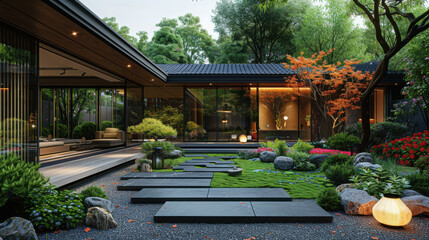 Obraz premium Japanese style garden surrounding a modern house with a black roof. The courtyard features black tiles on the ground and small stone pavers in the yard along with green grass and flowers.