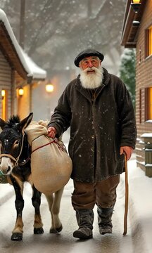 Traditional Christmas character 'Olentzero' from the Basque Country and Navarra walking with his donkey carrying gift sacks through a snowy rural village street
