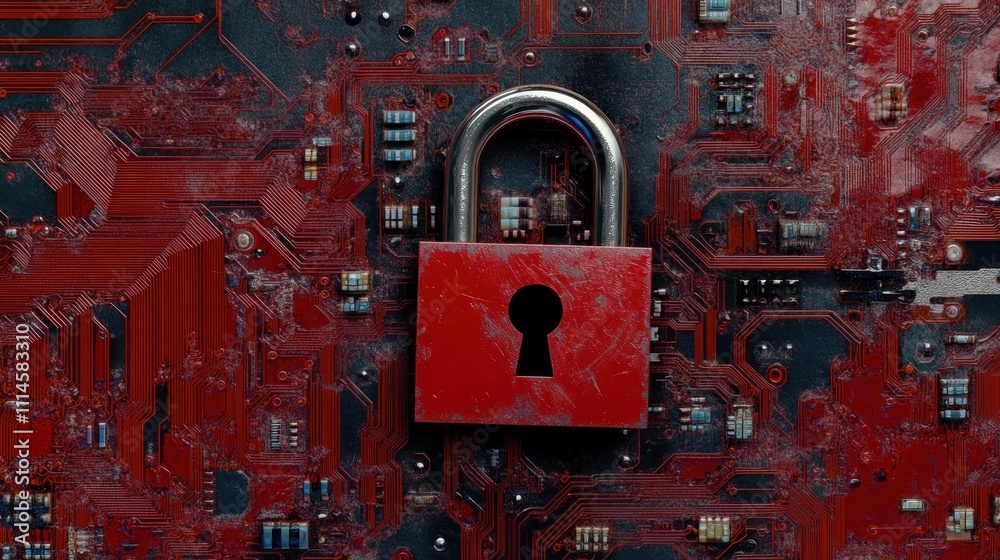 Poster red padlock secures damaged circuit board data