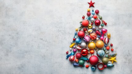 A playful arrangement of colorful holiday items forming a Christmas tree on a white canvas, celebrating the season with creativity.