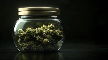 A glass jar filled with green cannabis buds, illuminated against a dark background.