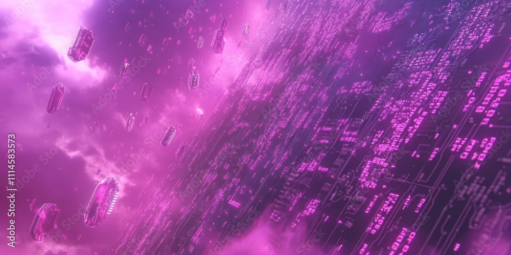 Poster Pink Circuit Board With Floating Data Fragments
