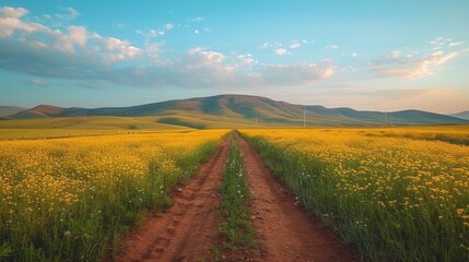 Obraz premium Golden fields stretch out under a blue sky with fluffy clouds in a serene countryside landscape during late afternoon light