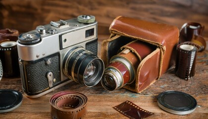 낡고 빛바랜 가죽 케이스에 보관된 고전적인 필름 카메라와 흩어진 필름 롤들