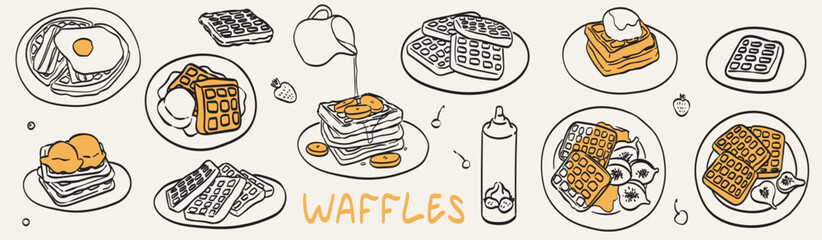 Morning breakfast food menu design. Breakfast and brunch dishes with Belgian waffles and fruits collection for posters, cafe or restaurant menu. Vintage hand drawn doodle sketch vector illustration.