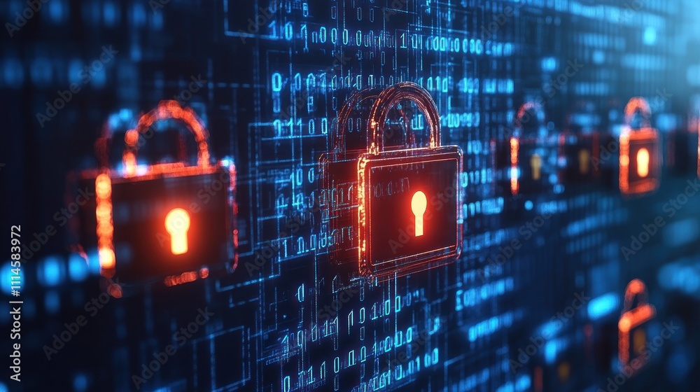 Fototapete digital security padlocks and binary code background
