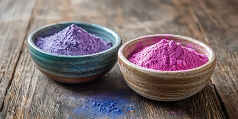 Brightly colored Holi powders in ceramic bowls on a wooden surface with vibrant spills, creating a festive display.