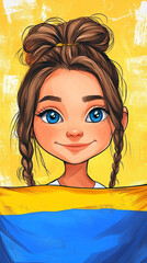 A cute girl holds the flag of Ukraine in her hands.