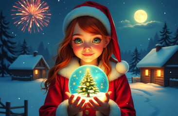 Naklejka premium young girl in red New Year's costume holding glass snow globe