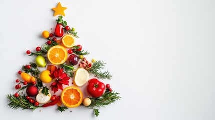 A symbolic food Christmas tree floating on a pure white background, combining holiday warmth with subtle reminders of food safety.