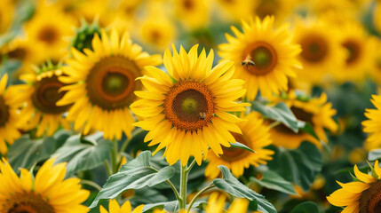 Fototapeta premium A field full of sunflowers stretches under the bright summer sun, with bees busily collecting nectar from the vibrant yellow blossoms swaying gently in the breeze