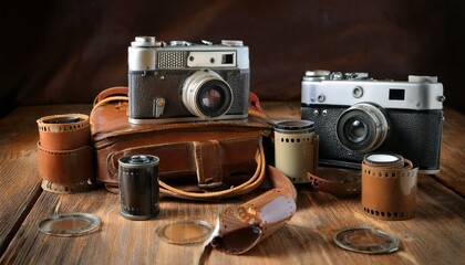 낡고 빛바랜 가죽 케이스에 보관된 고전적인 필름 카메라와 흩어진 필름 롤들