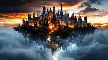 Fototapeta premium Floating city above a mist-covered meadow, buildings made of crystal and light, a luminous river flowing through the clouds