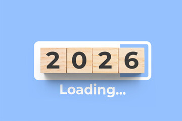 2026 wooden cubes on blue background with loading bar