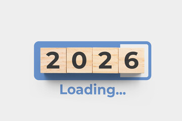 2026 wooden cubes on grey background with loading bar