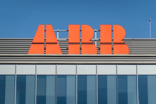 Red logo of ABB company on its office, front view