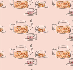 Obraz premium Seamless pattern with teapots and cups of berry, mandarin, and sea buckthorn tea. Winter drinks. Decorative background. Hand-drawn style. Ideal for seasonal designs. Flat vector illustration.