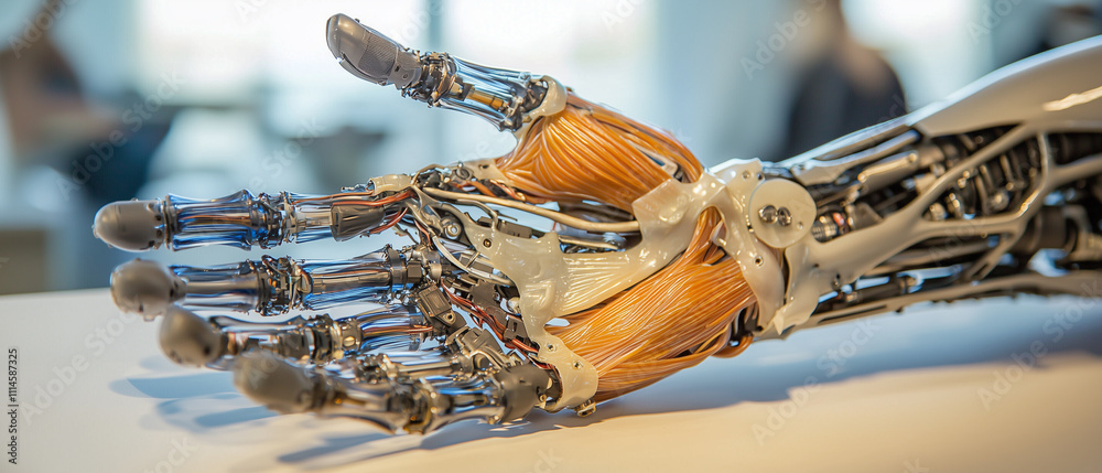 Poster high tech prosthetic hand showcasing advanced robotics and intricate design, highlighting fusion of 