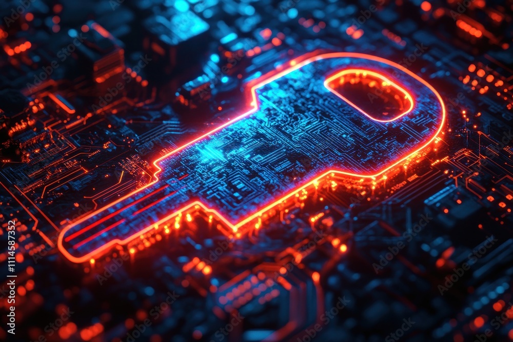 Poster neon key on circuit board digital security