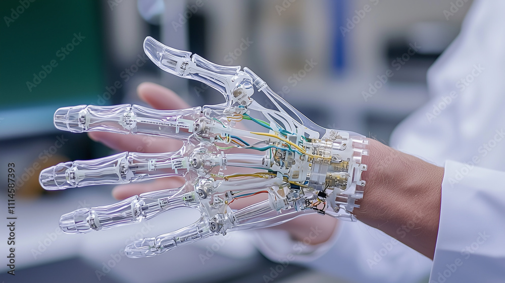 Poster transparent prosthetic hand showcases intricate wiring and mechanical components, blending advanced 