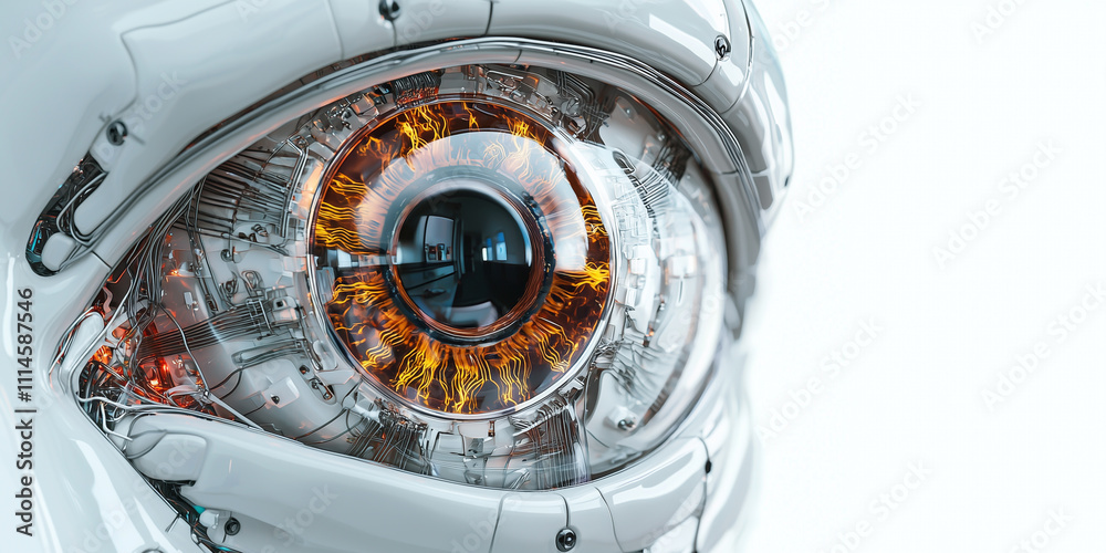 Poster detailed close up of futuristic artificial eye, showcasing intricate mechanical components and glowi