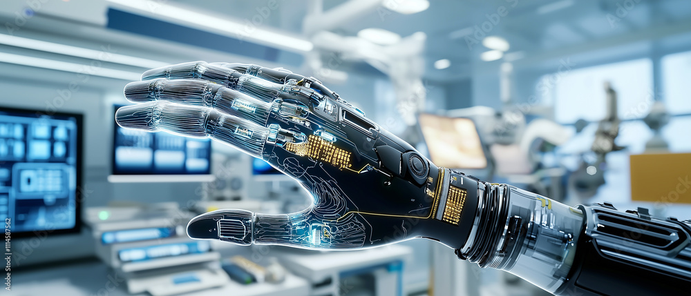 Poster Anatomically accurate prosthetic hand with visible technology in futuristic laboratory setting, showcasing advanced robotics and innovation