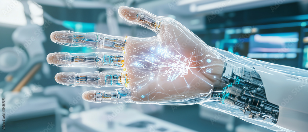 Aufkleber futuristic prosthetic hand with visible technology and glowing circuits, showcasing advanced robotics in high tech laboratory setting. hand appears to be anatomically accurate and highly detailed