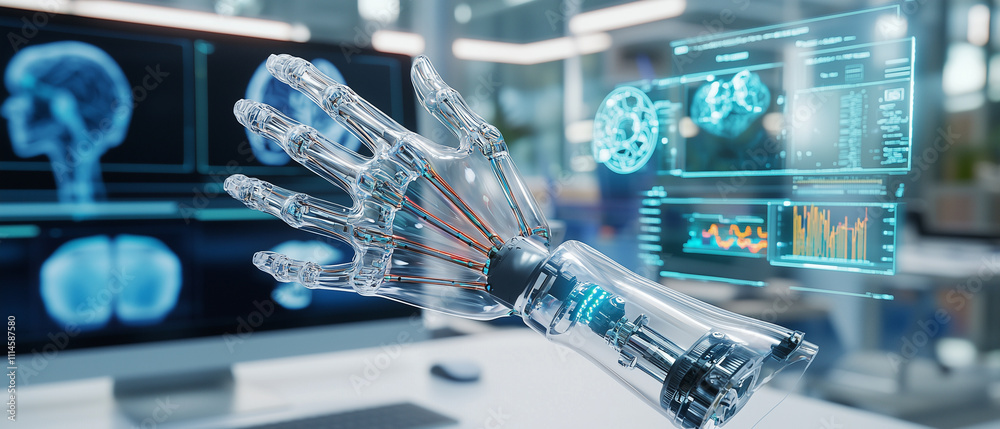 Poster transparent prosthetic hand with visible technology is displayed in futuristic lab, showcasing advanced robotics and innovation. Digital screens in background enhance high tech atmosphere