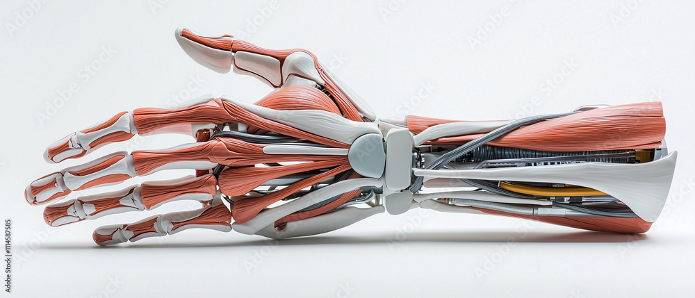 Poster detailed view of prosthetic arm showcasing integration of anatomy and technology, highlighting muscl