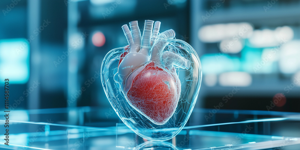 Poster 3d anatomical model of artificial heart is displayed in futuristic laboratory setting, showcasing in