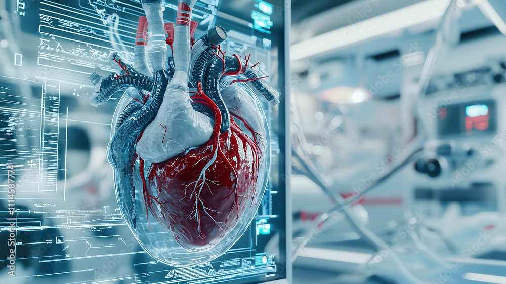 Poster futuristic artificial heart in high tech medical setting, surrounded by digital interfaces and advan