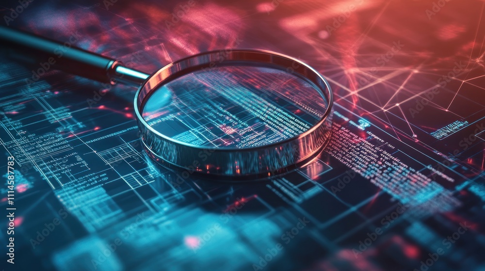 Poster magnifying glass over digital code lines
