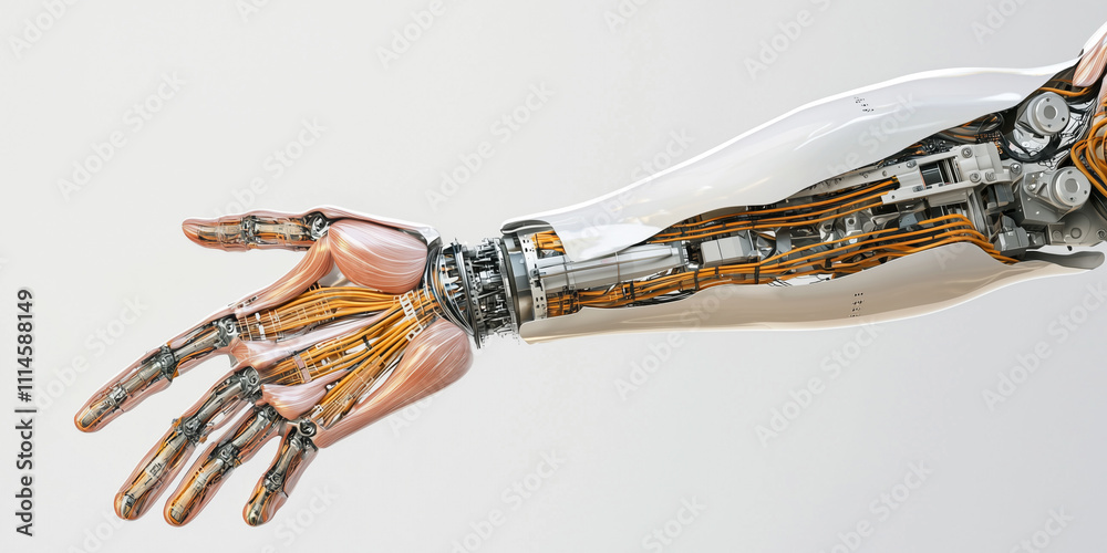 Poster detailed artistic representation of prosthetic limb showcases intricate mechanical components and advanced technology, highlighting innovation in artificial limb design
