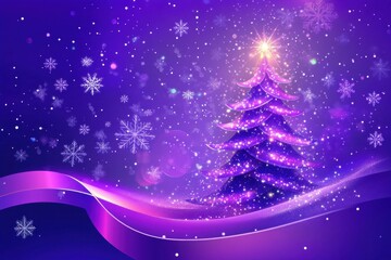 A purple background with a glowing Christmas tree, ribbon, and snowflakes, creating an enchanting atmosphere for holiday cards or festive designs Generative AI