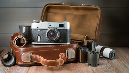 낡고 빛바랜 가죽 케이스에 보관된 고전적인 필름 카메라와 흩어진 필름 롤들