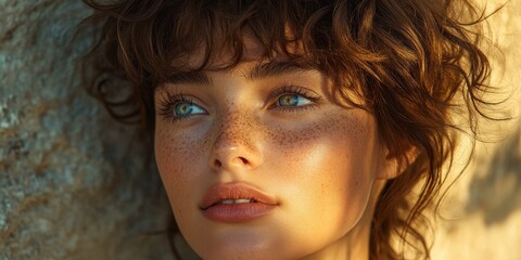 Fototapeta premium Beauty captured in natural light with freckles enhancing youthful features by a rocky backdrop during golden hour